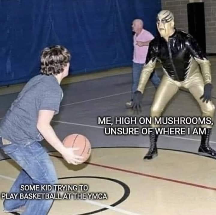The meme features a person in a black and white luchador costume, labeled "me, high on mushrooms" and "I'm not even sure where I am." The image shows the luchador trying to play basketball with a kid, who is labeled "some kid trying to play basketball at the YMCA." The meme pokes fun at the idea of being disoriented and confused while under the influence of mushrooms.