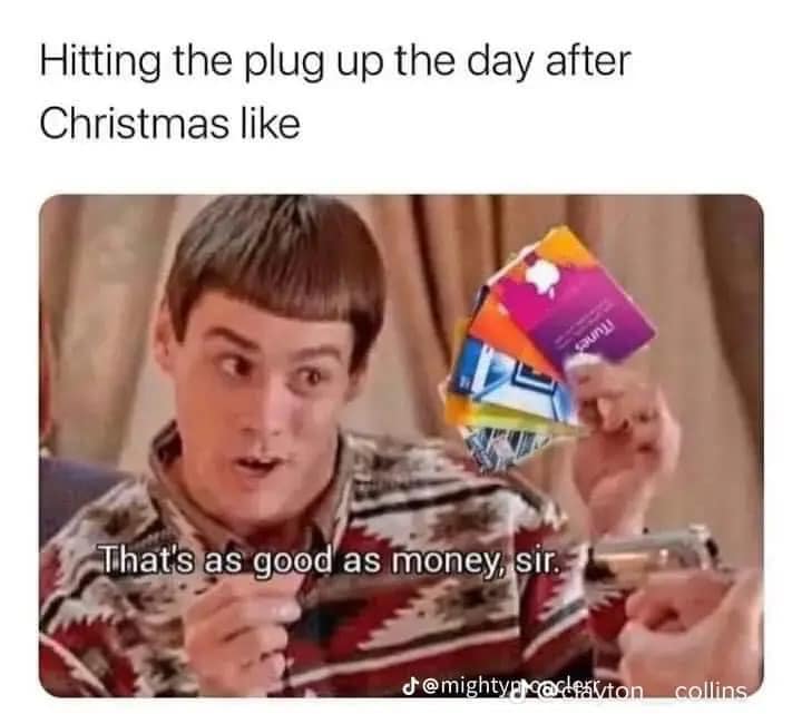 This meme is a humorous take on the frustration of running out of power or having a dead battery on Christmas morning. The image features a screenshot of the movie "Dumb and Dumber" with Jim Carrey's character Lloyd saying "So you're telling me there's a chance?" but with the caption "When you run out of power on Christmas morning" and the quote "That's not the way it usually is" is replaced with "That's as good as it gets".
