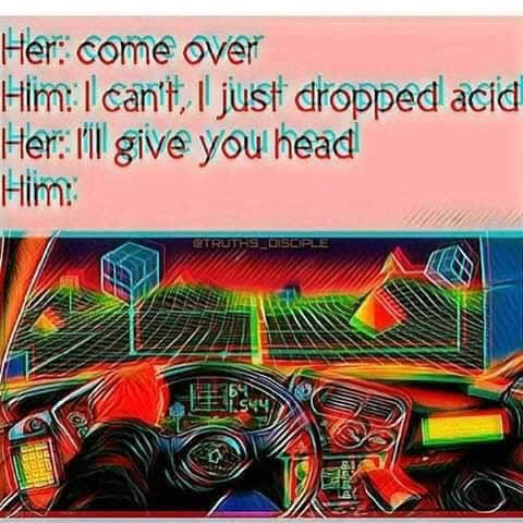 This meme is a humorous conversation between two people. The first person says "Her: come over" and the second person responds with "Him: I'm not going to". The conversation is then continued with the first person saying "Her: come over" again, and the second person responding with "Him: I'm not going to" again. The meme then ends with the first person saying "Her: I just dropped acid" and the second person responding with "Him: I'll give you head".