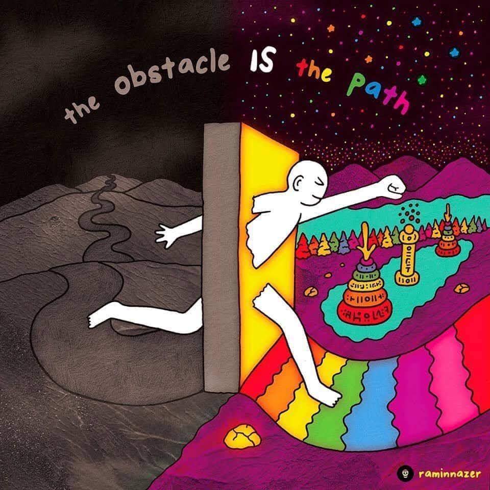 The meme is a simple illustration of a person walking into a door with a sign that says "The obstacle is the path". The image is meant to be humorous and ironic, suggesting that the person is so focused on the sign that they're not even paying attention to the fact that they're about to walk into a door.
