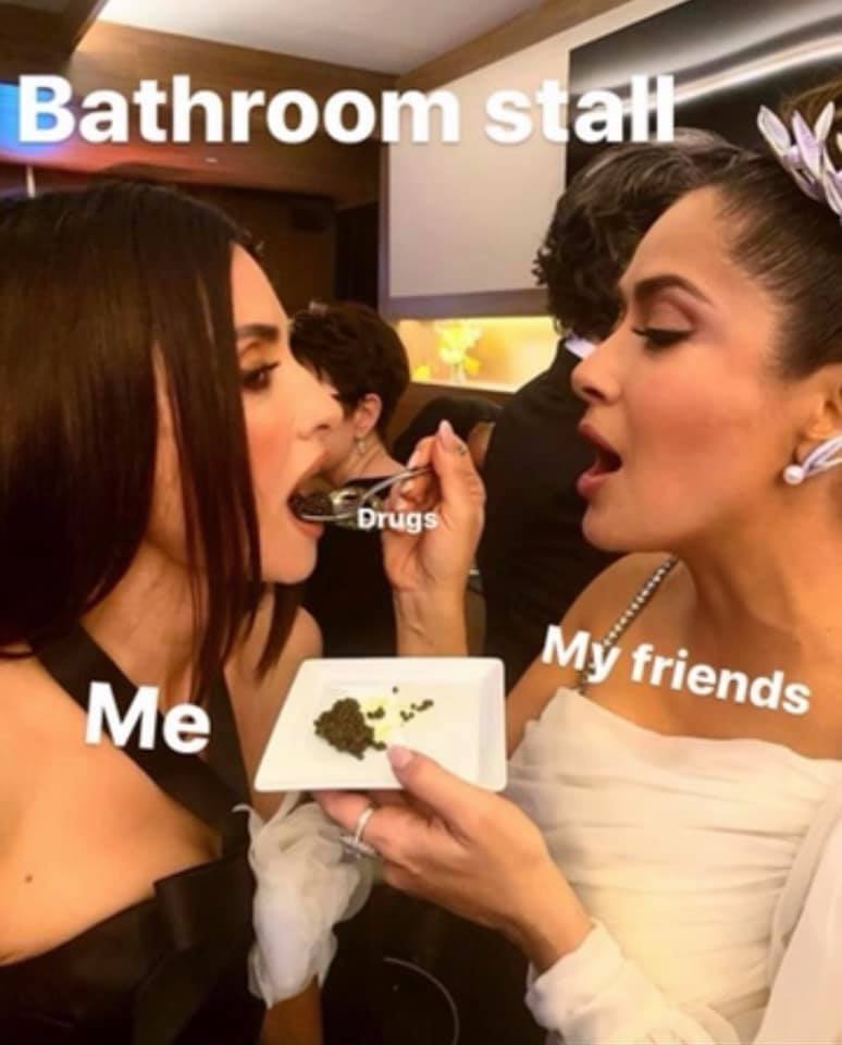 This meme is a humorous image of two women, one of whom is holding a plate of food and the other is about to take a bite. The text "me" is written above the woman holding the plate, and "friends" is written above the woman about to take a bite. The caption "in the bathroom stall" is written above the image, implying that the scene is taking place in a private setting.
