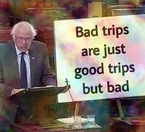 This meme features a photo of Bernie Sanders, a politician known for his outspoken personality. The image shows him sitting at a desk, looking stern, with a caption that reads "When you're trying to give a serious speech but you're still thinking about the bad trip you had last night."
