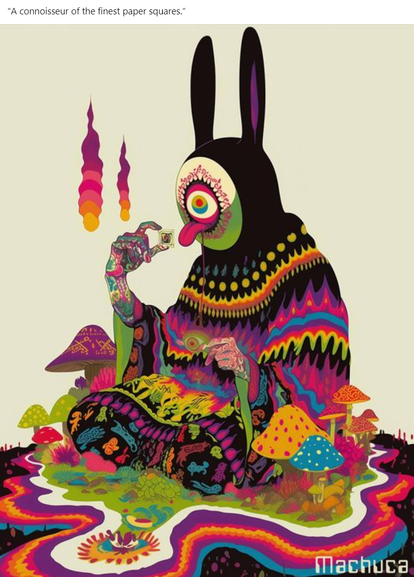 The meme features a distorted, cartoonish illustration of a rabbit-like creature with a grotesque, exaggerated face. The creature is surrounded by psychedelic patterns and is holding a tiny, glowing cube. The text at the top of the image reads, "I can smell the desperation in the air."