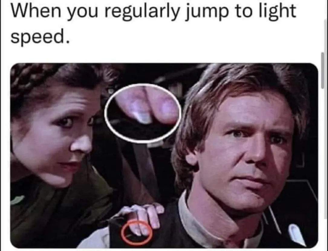 This meme is a photo of a scene from the movie "Star Wars: The Force Awakens" where Han Solo is injured and is being treated by his daughter, Rey. The image is captioned "When you finally get to the good part of the movie but you're still hurt from the previous scene". The image is likely referencing the scene where Han Solo is injured and is being treated by Rey, but the image is actually of a different scene, with Han's finger being cut off.