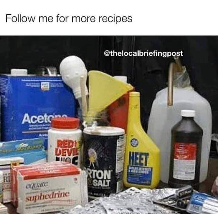 This meme is an image of a chaotic and disorganized mess of various household and medical items, including a bottle of acetone, a box of bandages, and a bottle of eye drops. The text above the image reads "Follow me f...