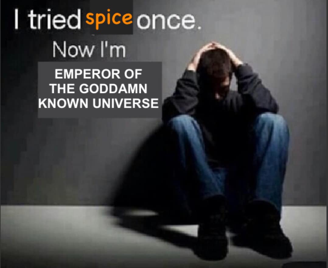 This meme is a humorous take on the classic 90s song "I Will Always Love You" by Whitney Houston. The original lyrics have been modified to "I will always love you, I will always love you, I will always love you, I will always love you, I tried spice once, now I'm the emperor of the galaxy, I tried spice once, I don't like it, I'm the emperor of the galaxy". The meme is poking fun at the idea of trying a new product (spice) and then becoming a powerful ruler, but in reality, the user has only tried spice once and is not actually an emperor.