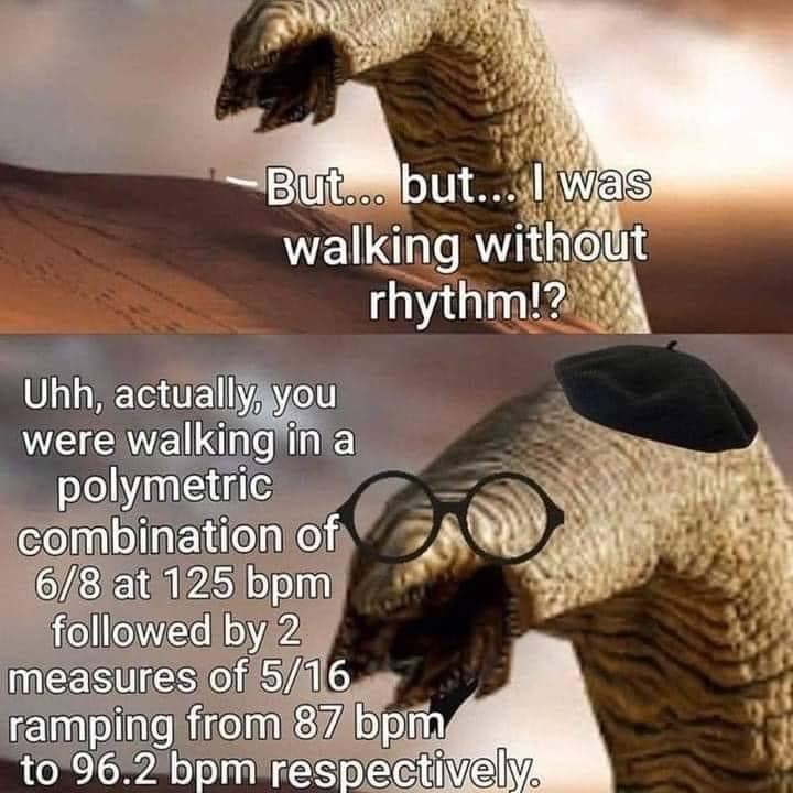 This meme is a humorous exchange between two characters, with the first one asking if they are walking without rhythm and the second one responding with a series of complex musical notes and measurements, implying that the first person is not actually walking without rhythm. The text reads: "But... but... I was walking without rhythm! Uhh, actually, you were walking in a 6/8 time signature at 125 BPM, followed by 2 measures of 5/16 time at 87 BPM, and then 3/4 time at 96.2 BPM."