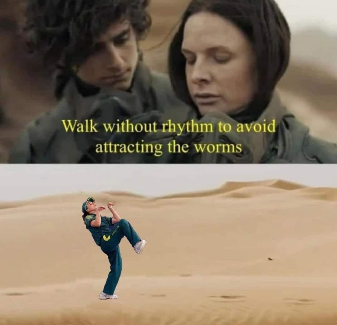 This meme is a humorous take on the popular "Dune" movie, specifically the scene where Paul Atreides (played by Timothée Chalamet) is instructed by his mother, Lady Atreides, to "walk like a native" to avoid detection by the enemy. The meme shows a photo of a person walking in the desert, with the caption "walk without rhythm to avoid attracting the worms" in a playful nod to the movie's iconic instruction.