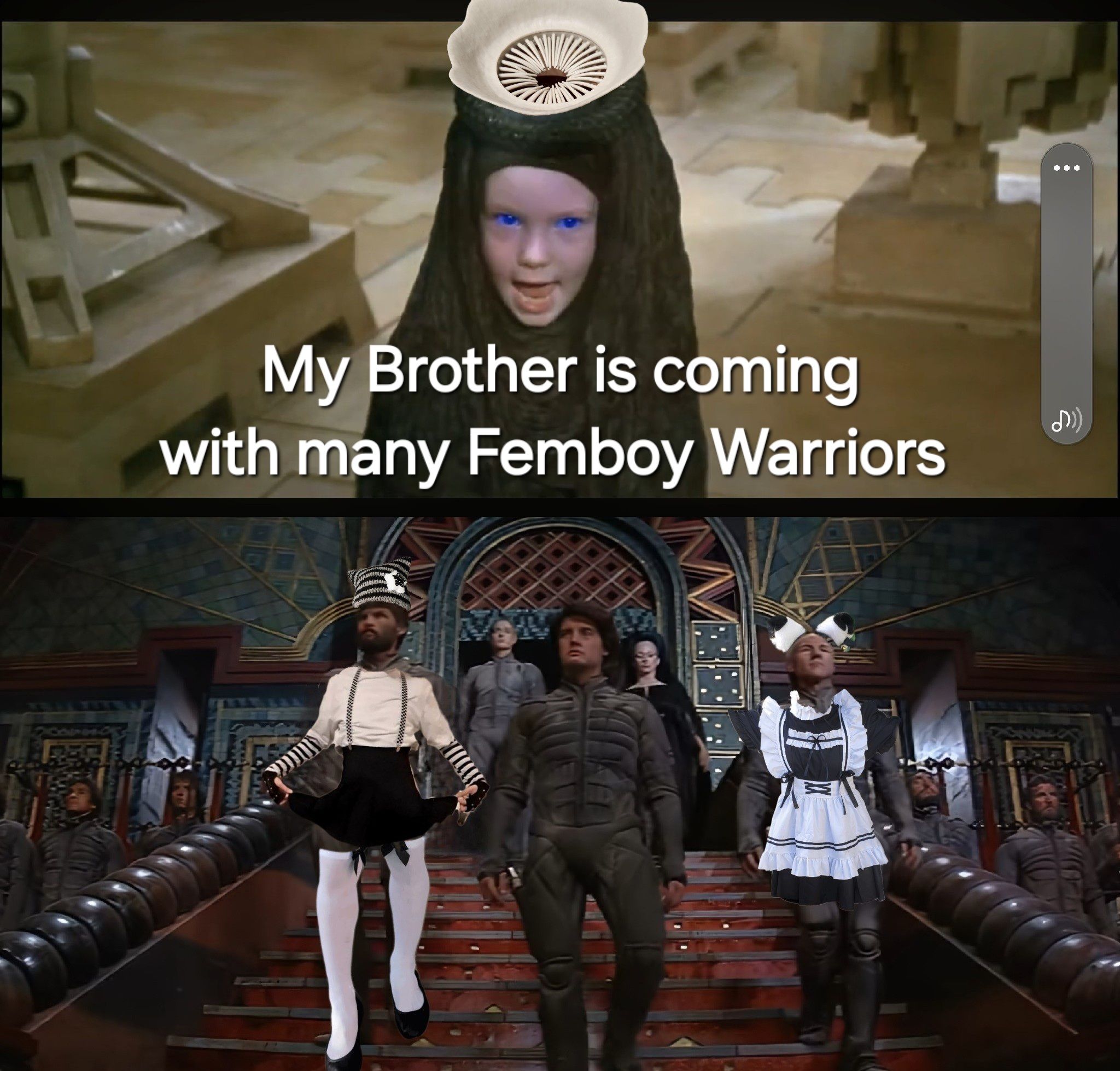 This meme is a humorous comparison between the movie "Mad Max: Fury Road" and the 1984 film "Mad Max 2: The Road Warrior". The top image shows a still from "Mad Max: Fury Road" with a caption "My brother is coming with many warriors" and a small image of a woman from "Mad Max 2: The Road Warrior" in the bottom left.