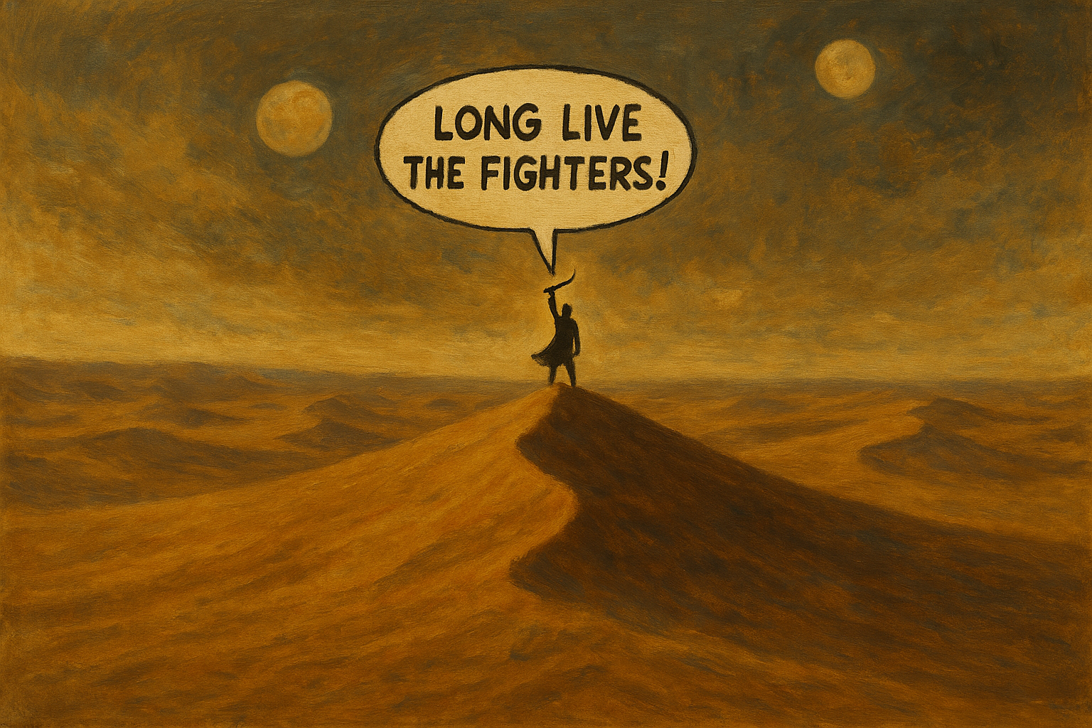 The meme is a reference to the 2021 film "Dune" based on the novel of the same name by Frank Herbert. The image is a parody of the iconic scene where Paul Atreides, the protagonist, says "I must not die. I must not di...