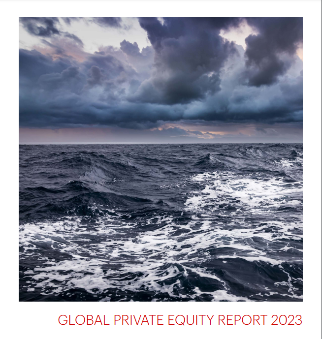 The meme is a screenshot of the cover of the 2023 Global Private Equity and Venture Capital Report, with a photo of a stormy ocean in the background. The text "2023 Global Private Equity and Venture Capital Report" appears at the top of the image.
