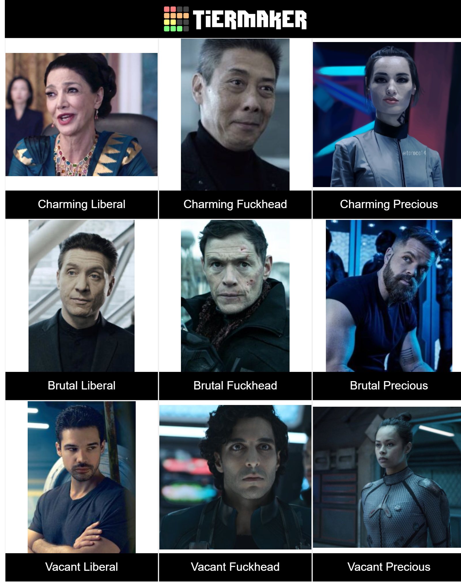 This meme is a series of character images from the Star Trek franchise, each labeled with a humorous personality trait or stereotype, such as "Charming" and "Villainous". The labels are often contradictory, implying that the characters are not living up to their expected personalities. The meme pokes fun at the idea that some characters are more nuanced than their labels suggest.