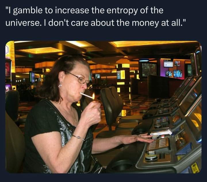 This meme is a humorous image of a person sitting at a casino slot machine, taking a drag on a cigarette, and looking unimpressed. The text above the image reads: "I gamble to increase the entropy of the universe. I don't care about the money at all." The meme is likely poking fun at the idea that some people gamble not for financial gain, but for the thrill of it, and to potentially disrupt the order of the universe.