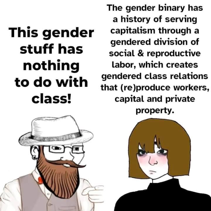 This meme is a humorous critique of a common argument against socialism or communism, where a person is presented with a contradictory statement. The image shows a character saying "This gender stuff has nothing to do with class!" while another character responds with a lengthy explanation of how the gender binary is deeply connected to and perpetuates class structures. The text in the image reads: "The gender binary has a long history of serving capitalism through a gendered division of labor, which creates gendered class relations that (re)produce workers' capital and private property."