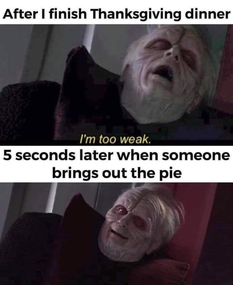 This meme is a humorous take on the chaos that can ensue when a family gathers for a holiday meal. The image shows a character from the movie "Star Wars" - Emperor Palpatine - with a caption that says "I find your lack of faith disturbing" but has been modified to say "I find your lack of patience disturbing" and then "I'm too weak" and finally "I'm too weak, I'm too weak". The image is meant to poke fun at the frustration that can come with waiting for a long time for a holiday meal to be served, and then finally getting to eat it only to have it be taken away quickly.