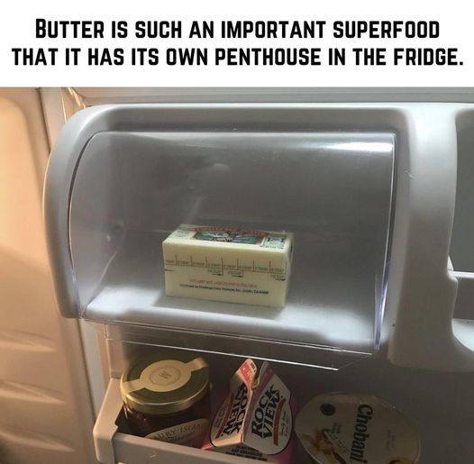 This meme is a humorous image of a refrigerator with a nearly empty shelf. The text at the top of the image reads, "Butter is the key to a good life, and it's always in the fridge." However, the image is actually showing a nearly empty fridge, with only a single block of butter on a shelf that is almost empty.