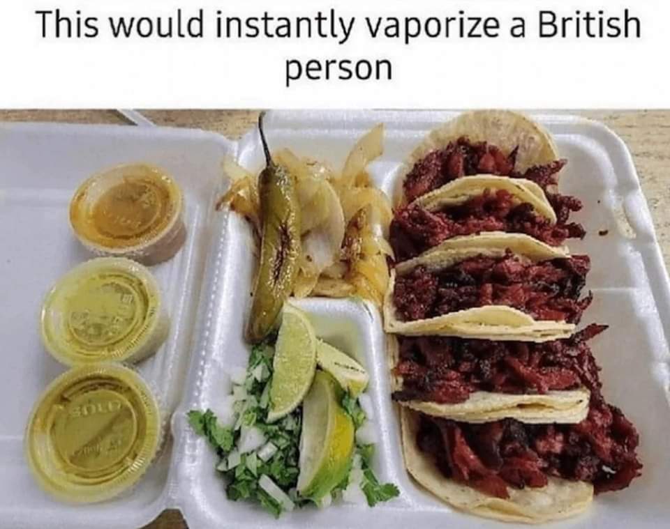 The meme is a photo of a Mexican food dish, specifically a "carne asada" taco plate, with a caption suggesting that the vaporization of a British person's body would result in a similar, albeit more extreme, food dish...
