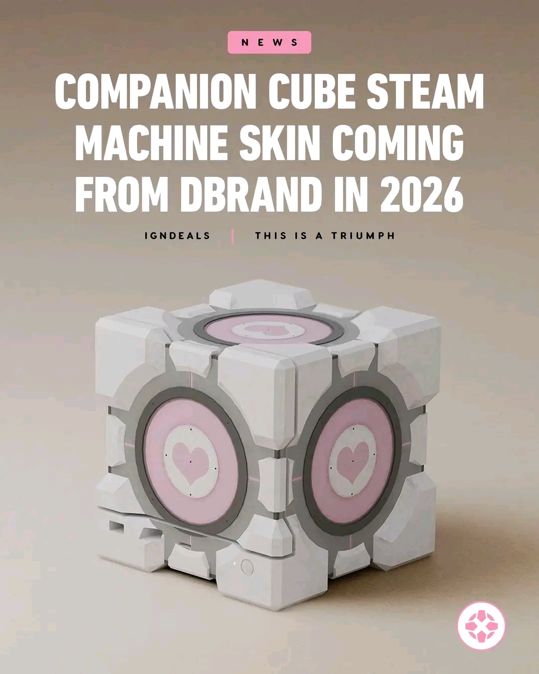 The meme features a 3D model of a "Companion Cube" from the video game "Portal," a robot-like object that can be used to open doors and perform other tasks. The image's text reads, "Companion Cube Steam Machine Skin C...