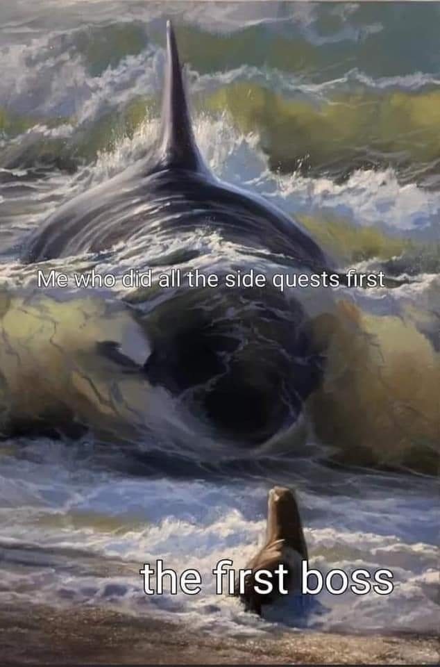 This meme is a humorous comparison between the first boss in a game and the player who has defeated all the previous bosses. The image depicts a massive whale-like creature attacking a tiny boat, with the caption "Me who did all the side quests" and the response "The first boss". The meme pokes fun at the player's sense of accomplishment and the sudden challenge of the first boss, which is often more intimidating than the previous challenges.
