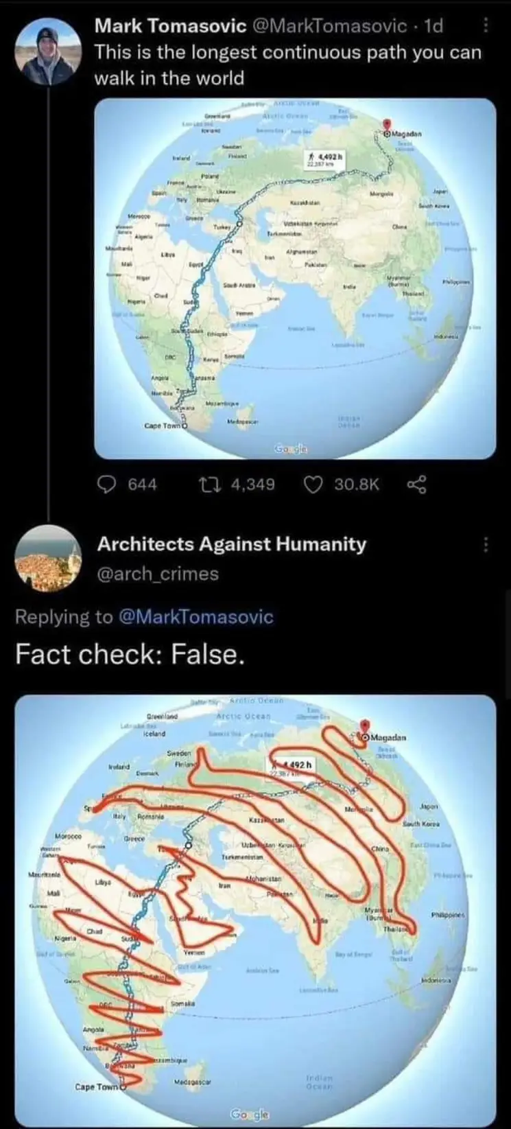 The meme is a screenshot of a Twitter conversation between two users, @markovian and @arch_crimes. The first user, @markovian, posts a tweet saying "This is the longest continuous path you can walk in the world" with a map of the world showing a path from Norway to New Zealand that covers over 40,000km. The second user, @arch_crimes, responds with a joke saying "Fact check: false" and a map of the world showing a different path that covers over 40,000km, but is actually a drawing of a cat.