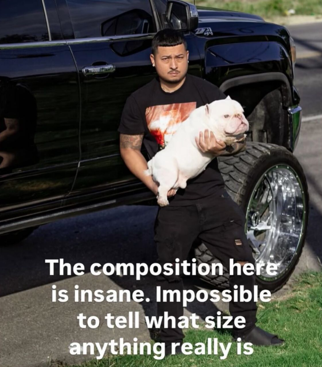 This meme is an image of a man sitting on the ground with a large dog on his lap. The image is captioned with a quote that reads, "The size of the dog is the size of the man".