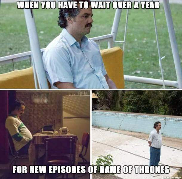 This meme is a humorous commentary on the frustration of waiting for new episodes of Game of Thrones. The image shows a character from the show, Jaime Lannister, sitting in a chair, looking bored and uninterested. The text above the image reads "When you have to wait a year for new episodes" and the text below reads "But when you finally get them, it's all worth it".