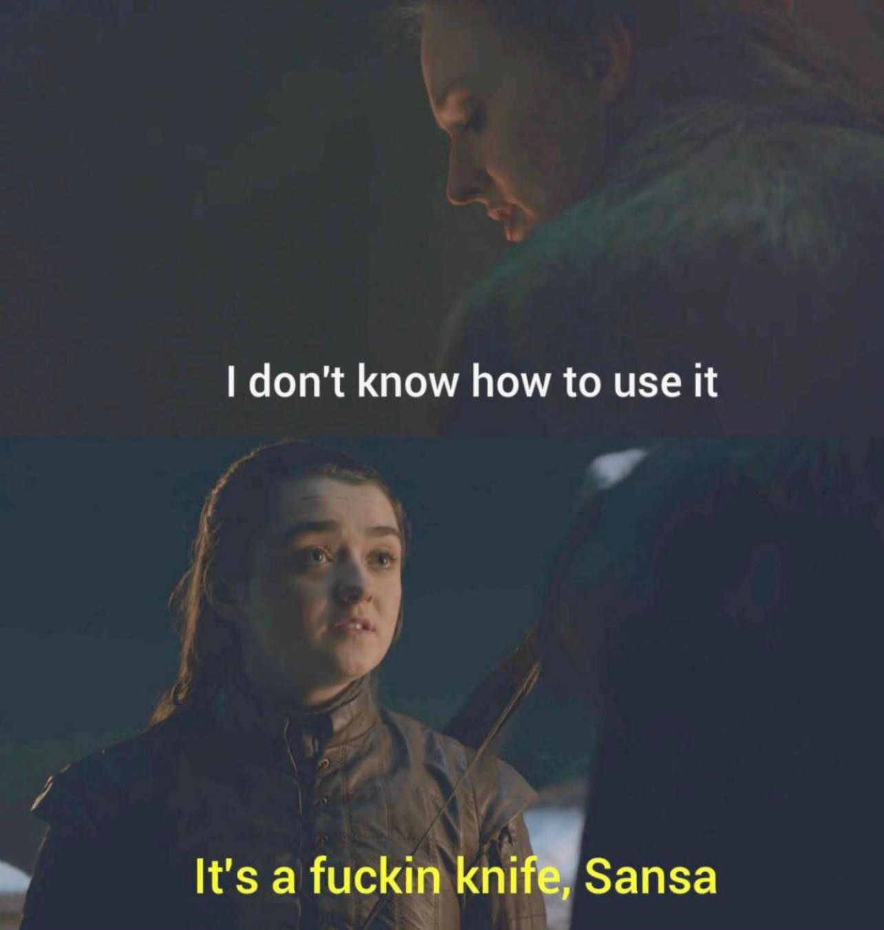 This meme is a screenshot from the Game of Thrones series, featuring the character Brienne of Taris. She is responding to a question about using a sword, and her deadpan answer is "I don't know how to use this" followed by "It's a f**king great sword" and "I don't know how to use it" is then replaced with "It's a f**king great sword". The meme is humorous because it's a sarcastic and blunt response to a situation where she is being asked to use a sword.