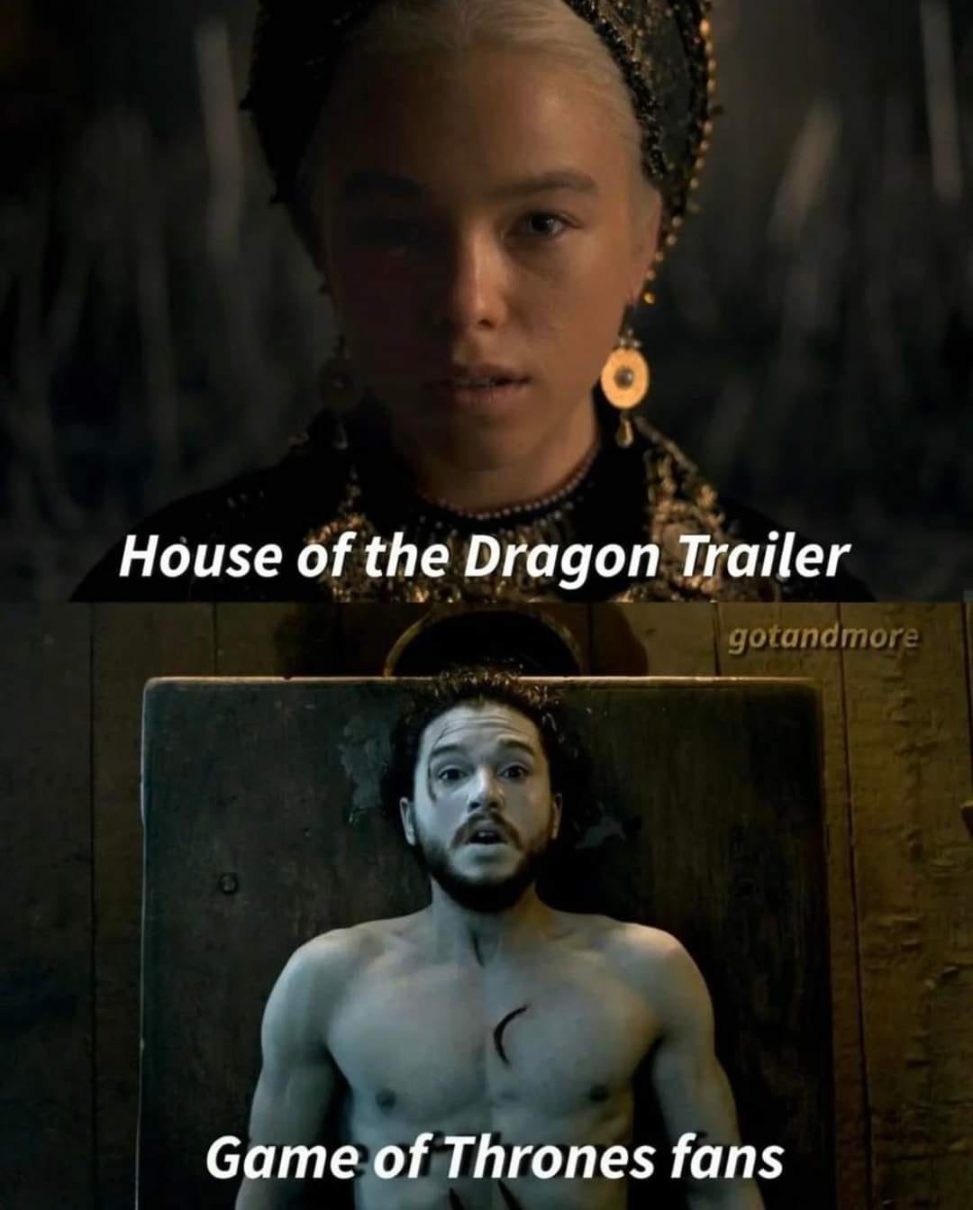This meme is a humorous comparison between the trailer for the HBO series "House of the Dragon" and the Game of Thrones fanbase. The top image is a still from the trailer, while the bottom image is a mock-up of a Game of Thrones fan's reaction, with a caption "HBO: 'We're making a 10 hour movie'" and "Game of Thrones fans: 'We're going to make 10 hour movies for the next 10 years'".