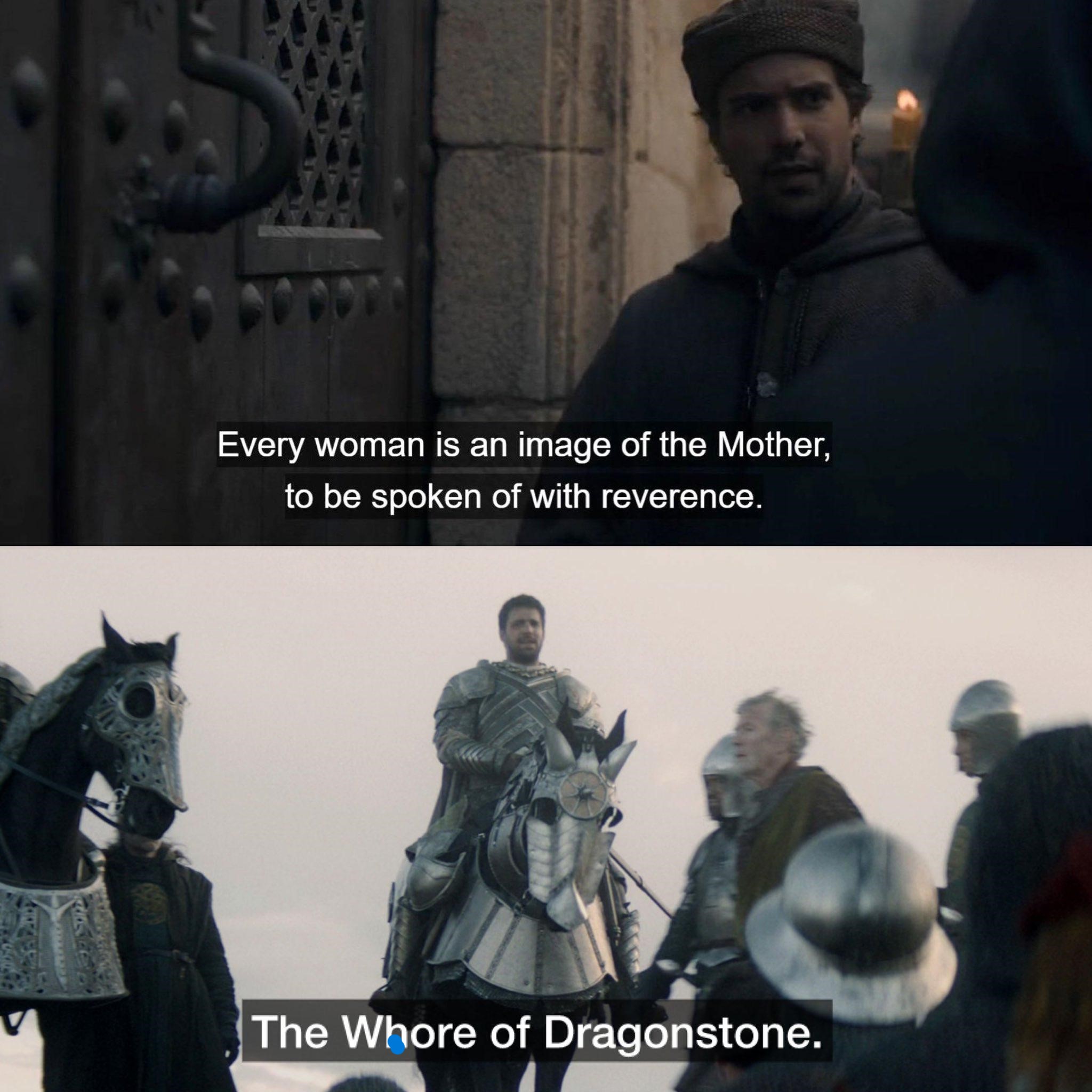This meme is a humorous comparison between two very different things: a medieval-inspired fantasy novel (A Song of Ice and Fire) and a popular adult film. The text on the image reads: "In Westeros, a woman is called a 'lady' but a man with the same position is called a 'lord'. In the real world, a woman is called a 'lady' but a man with the same position is called a 'd**k'".