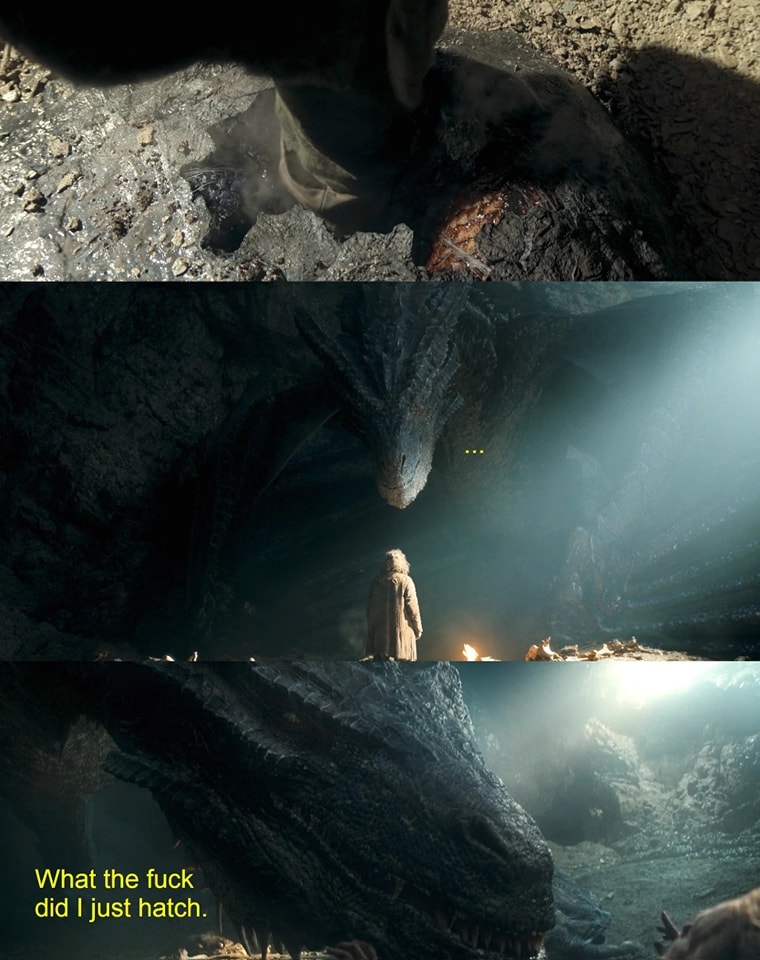 The meme is a humorous take on a scene from the 2013 film "Game of Thrones" (specifically, the TV series "Game of Thrones" adaptation of the book "A Game of Thrones" by George R. R. Martin). The scene depicts a dragon, named "Drogon", hatching from an egg. The meme includes the text "What the... did I just hatch?"