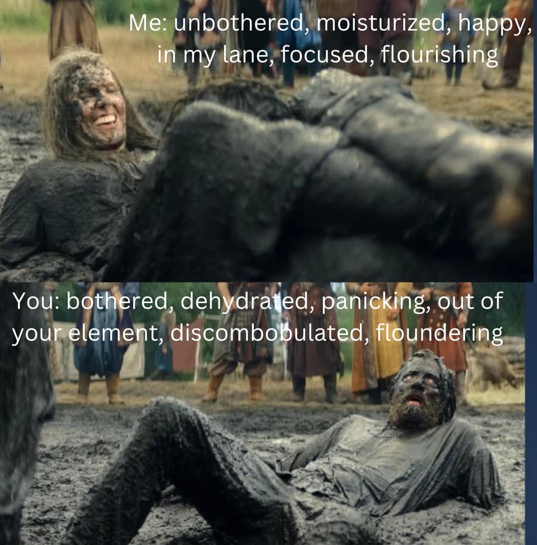 This meme is a humorous comparison between two images. The top image shows a person (played by Jason Momoa) covered in mud and grinning, with the caption "Me: unbothered, moisturized, happy, in my lane, focused, flourishing". The bottom image shows the same person, but this time he's covered in mud and looks miserable, with the caption "You: bothered, dehydrated, panicked, out of your element, discombobulated, floundering".