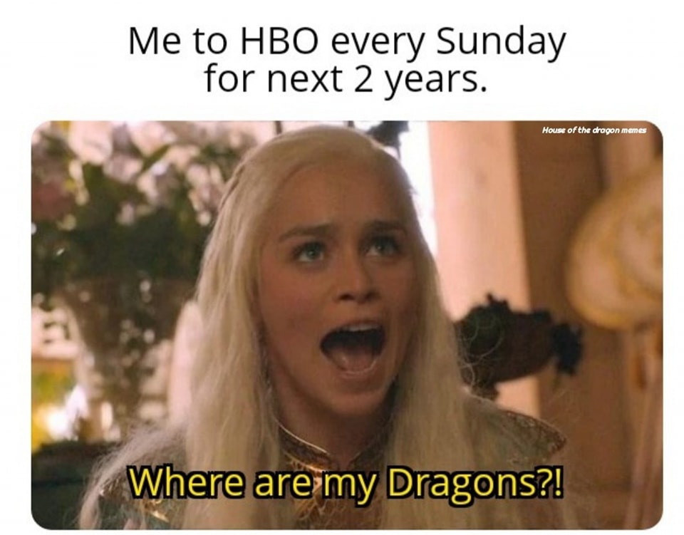The meme is a humorous take on the anticipation of watching the Game of Thrones series on HBO. The image features a still from the show, with the character Daenerys Targaryen (played by Emilia Clarke) looking shocked and asking "Where are my dragons?" The text above the image reads "Me to HBO every Sunday for the next 2 years."