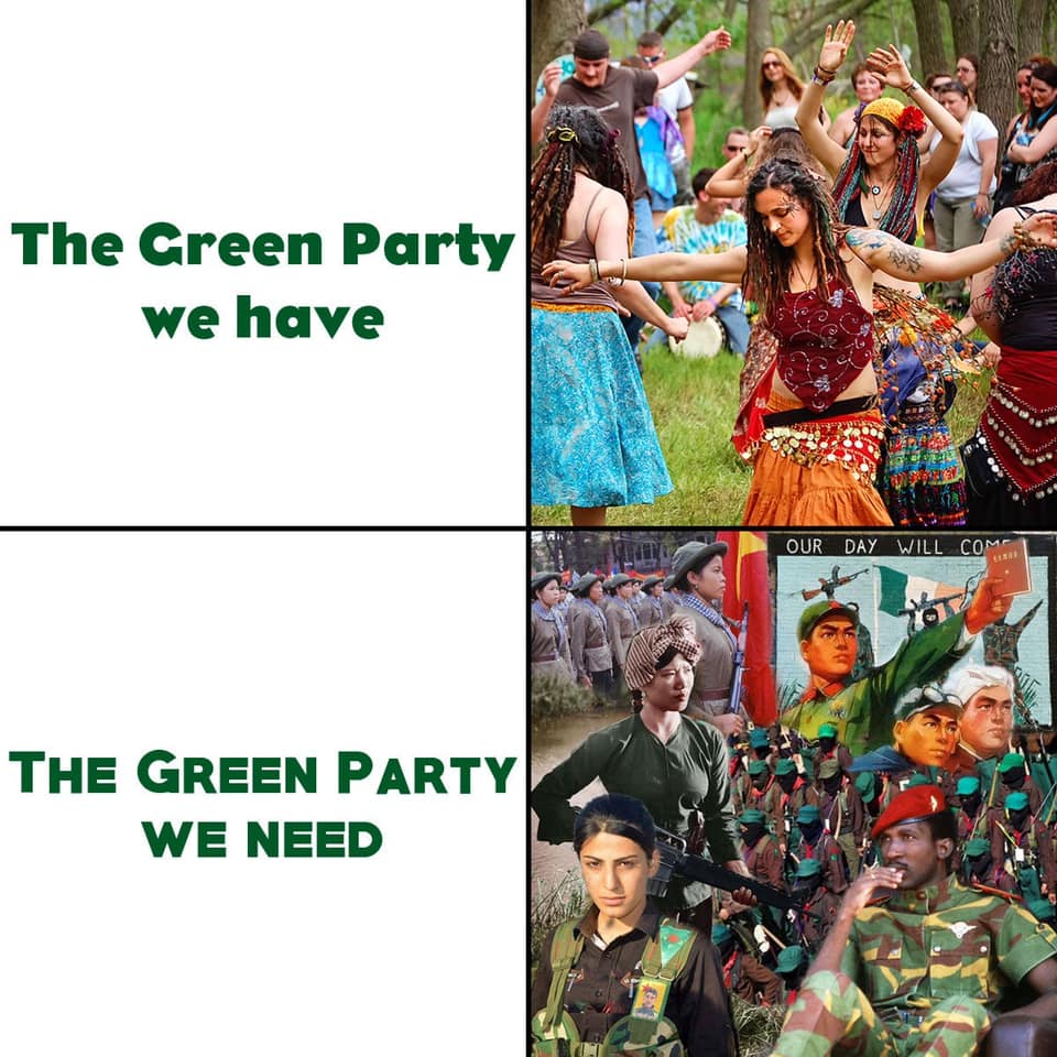 This meme is a humorous comparison between two groups, the "Green Party" and the "Green Party we need". The image on the left shows a group of hippies or festival-goers, likely representing the traditional or stereotypical image of the Green Party. The image on the right shows a group of military personnel, including soldiers and women in combat roles, likely representing a more militant or radical version of the Green Party. The text "The Green Party we have" and "The Green Party we need" is used to contrast the two images, implying that the Green Party has become too soft or ineffective, and that a more radical or militant approach is needed to achieve their goals.