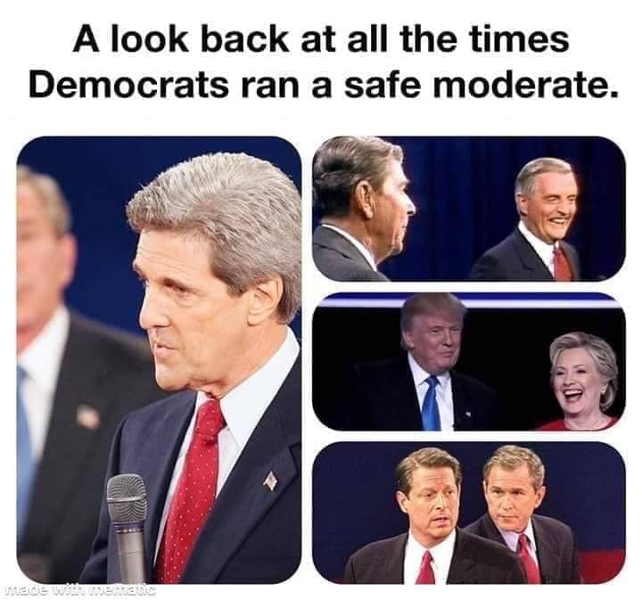 This meme is a satirical commentary on the perceived hypocrisy of Democrats. It features a split-screen image with a photo of Bill Clinton, a Democrat, on the left, and a photo of Donald Trump, a Republican, on the right. The text above the image reads, "A look back at all the times Democrats ran a safe moderate."