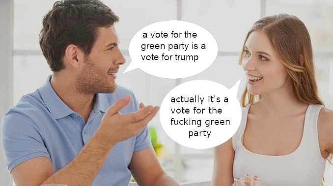 This meme is a play on the phrase "I'm not a [insert profession] I'm a [insert profession]" joke. It's a humorous take on a common joke format, but instead of using a profession, it uses a political party affiliation. The text in the image says "a vote for the green party is a vote for trump" and "actually it's a vote for the green party".