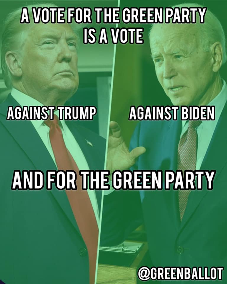 This meme is a play on a common phrase, "a vote for the Green Party is a vote for the Republican Party," by replacing "Republican Party" with "Trump" and "Democratic Party" with "Biden." The meme suggests that if you vote for the Green Party, you are essentially voting for one of the major party candidates, either Trump or Biden.