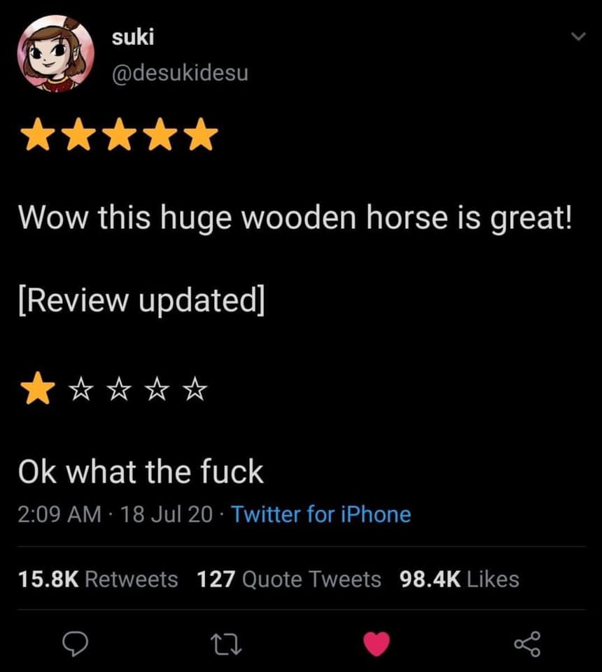 This meme is a screenshot of a Twitter post that responds to a review of a wooden horse toy. The review is a 5-star rating with the comment "Wow, this is a great wooden horse!" The response to the review is a 1-star rating with the comment "In what world is a wooden horse great?!"