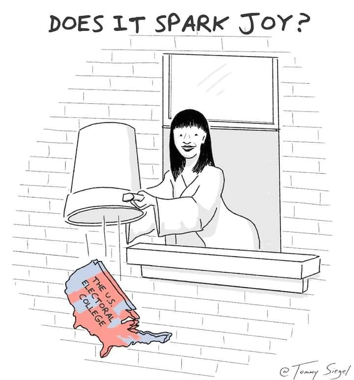 This meme is a play on the phrase "does it spark joy" which is a common question asked by Marie Kondo, a Japanese author and TV personality who helps people declutter their homes. The meme is a humorous take on this phrase, applying it to the US Electoral College, which is a part of the US electoral system that allocates votes in presidential elections. The meme asks "Does it spark joy?" and shows a person holding the Electoral College, with a sparkler and a flame, implying that the Electoral College is not bringing joy or happiness to the country.