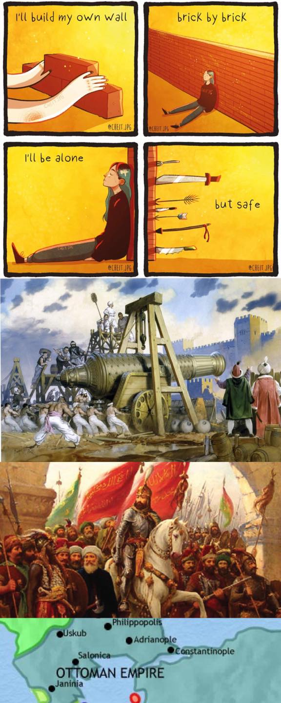 This meme is a play on the classic phrase "I will build a wall" (from the 2016 US presidential election) and the medieval concept of a "wall" (a defensive structure). The meme is a 2-panel comic where the first panel shows a person building a wall, and the second panel shows a medieval-style siege of that wall, with the caption "I will build a wall" changed to "I will build a wall (of bricks)" and then "I will build a wall (of bricks) but safe".