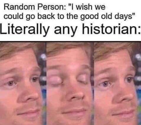 This meme is a humorous take on the idea of nostalgia for a bygone era. It features a split-screen image of a person with a "wistful" expression, with the top half showing a person looking sad and the bottom half showing the same person with a "tongue-in-cheek" expression. The text above the image reads: "Random person: 'I wish we could go back to the good old days.' Literally any historian:".