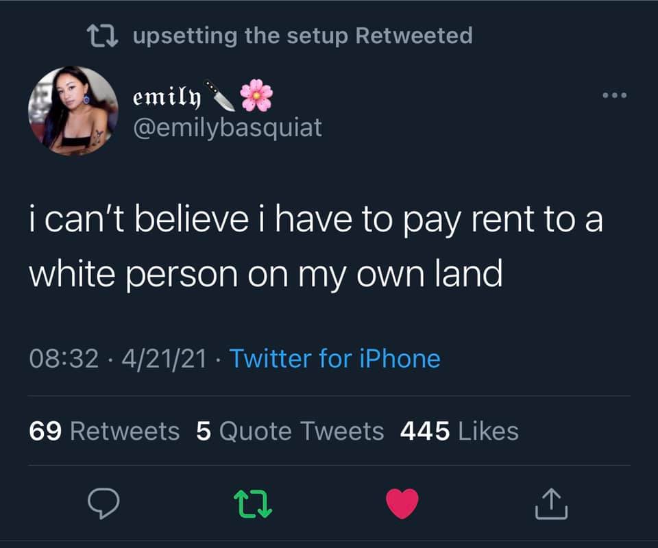 This meme serves as a powerful symbol of **Indigenous Solidarity** by visually representing a critique of forced displacement and systemic housing exclusion. The user, Emily, uses a knife emoji alongside a pink flower...