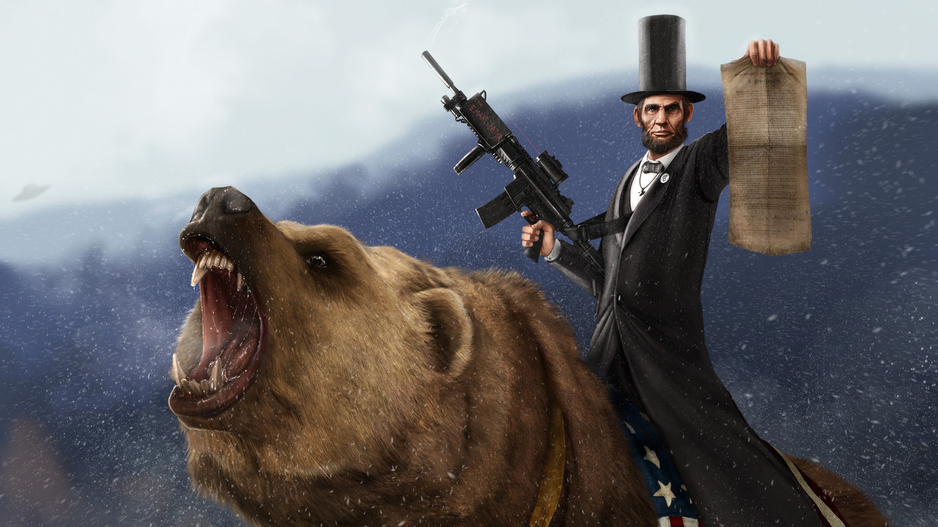The meme features a picture of Abraham Lincoln, the 16th President of the United States, riding a bear while holding a rifle and a copy of the U.S. Constitution. The image is humorous because it juxtaposes the iconic image of Lincoln, known for his strong leadership and moral character, with a violent and unpredictable animal. The text "Honest Abe" appears in the image, referencing Lincoln's reputation for honesty and integrity.