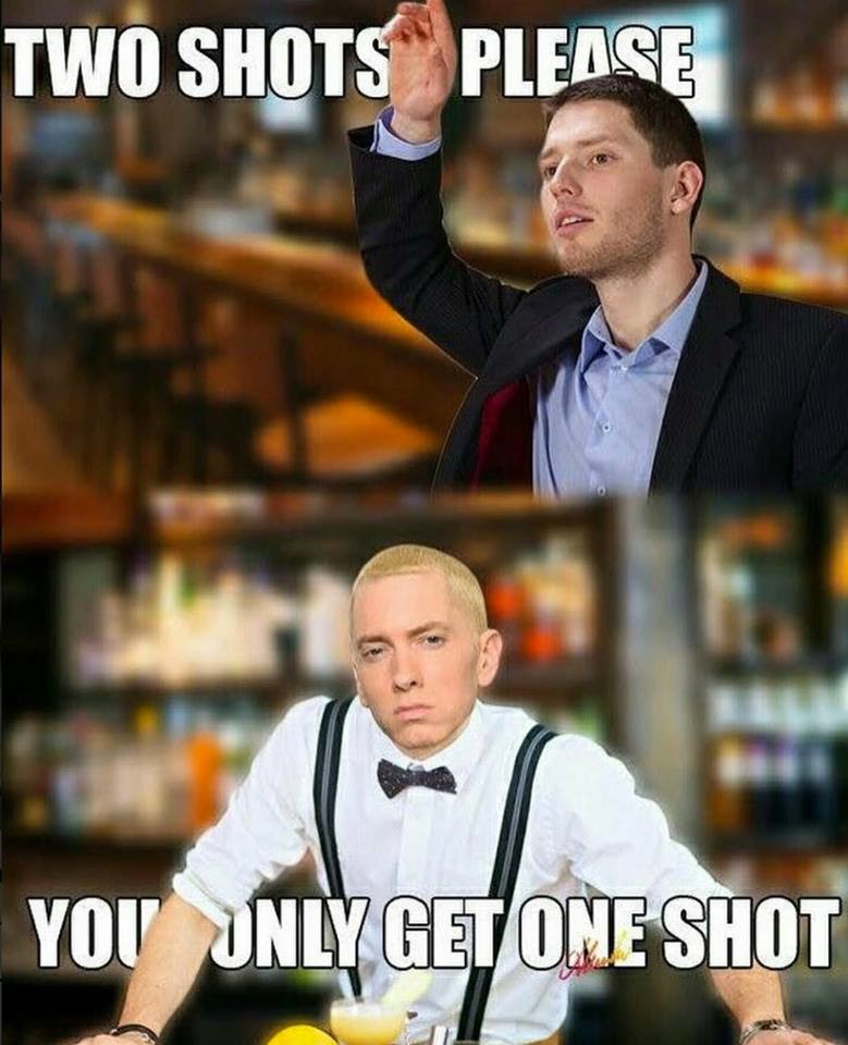 This meme is a play on the classic "2 shots" phrase, but with a twist. The image shows two different versions of Eminem, with the top one saying "2 shots" and the bottom one saying "You only get one shot". The meme is poking fun at the idea that you can't have two shots, but only one, implying that you can't have a second shot of a drink because you only have one shot to begin with.