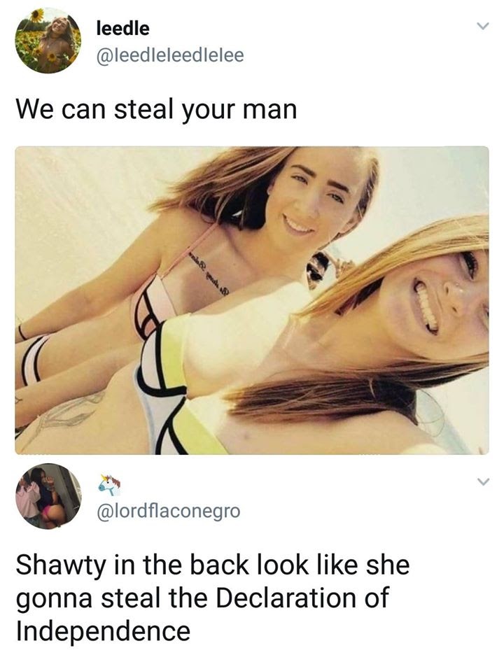 The meme is a photo of two women, one of whom is making a silly face and the other is laughing. The text above the photo reads "We can steal your man" and the text below the photo reads "In 2-3 sentences, describe this meme for someone who cannot see it. Include any text that appears in the image". The meme is a play on the idea that the women in the photo are trying to steal someone's romantic partner, and the text is a tongue-in-cheek reference to the fact that the meme is describing itself.
