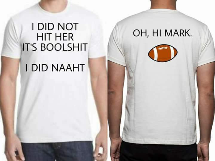 The meme is a humorous image of a football player who has just made a mistake on the field. The text on the shirt reads "I did not hit her, I did not... Oh, hi Mark" which is a playful reference to a famous TV show "I did not...". The image is likely meant to be funny and lighthearted, poking fun at the idea of a football player's mistake.