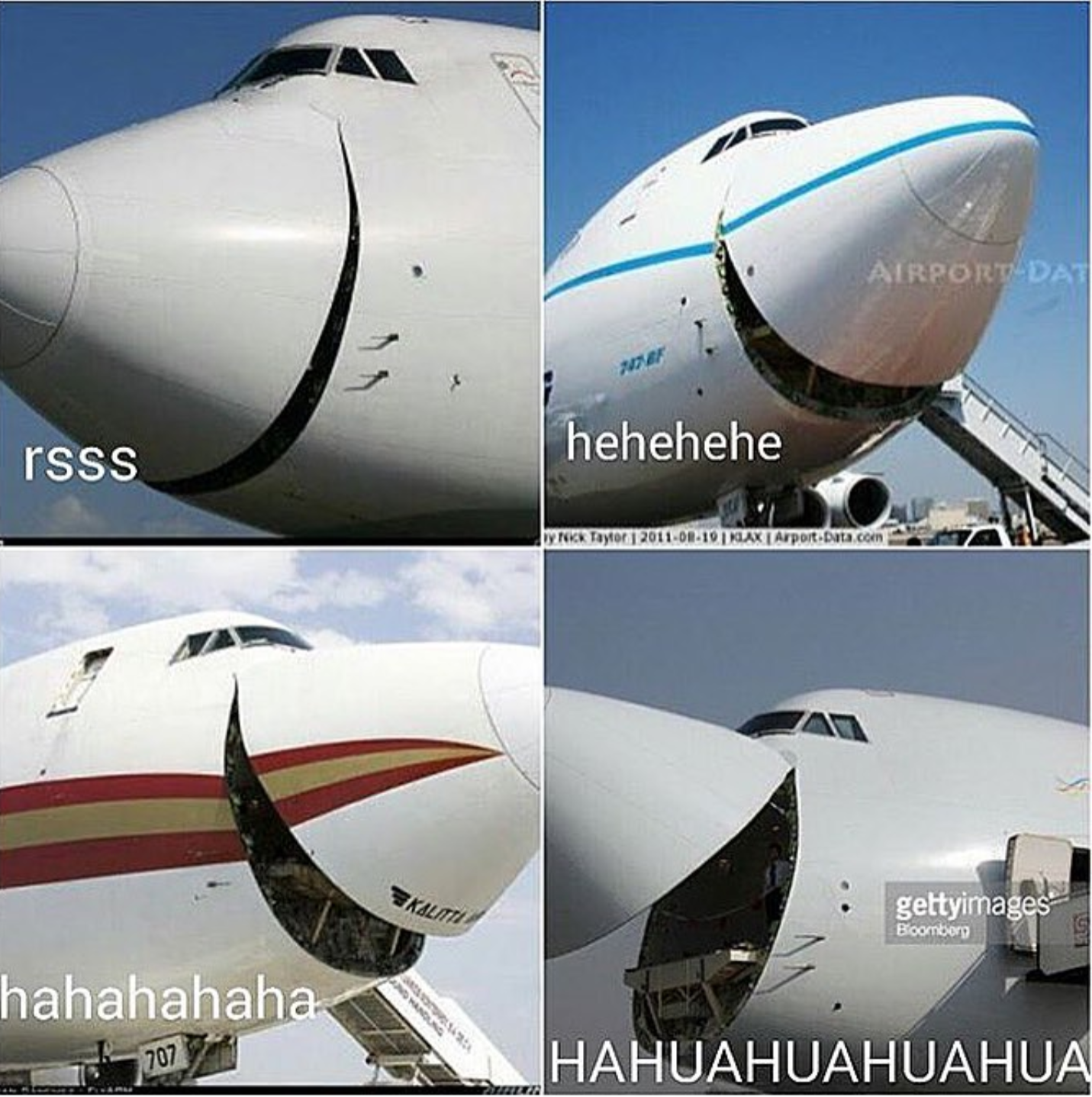 The meme is a series of images showing a Boeing 747-400 cargo plane with its cargo doors open, revealing a massive, gaping hole in the plane's fuselage. The images are captioned with a series of increasingly absurd and exaggerated responses, starting with "R S S S" (which is likely an internet slang term for "Really, Seriously, Seriously, Sucks") and ending with "HAHAHAHAHAHAHAHA" and "HAHUUUUUUUUUUUUUUUUUUUUUUUUUUUUUUUUUUUUUUUUUUUUUUUUUUUUUUUUUUUUUU