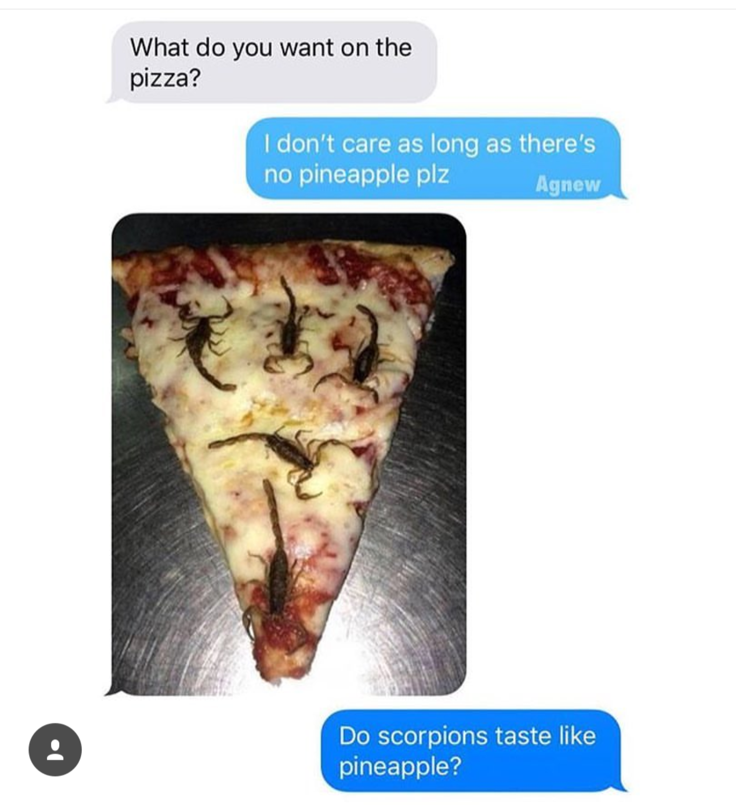 This meme is a photo of a pizza with a face, but instead of a mouth, it has a scorpion's stinger. The text above the image reads "What do you want on the pizza?" and the response below is "I don't care as long as there's no pineapple." The punchline is that the pizza has scorpions instead of pineapple, which is a humorous twist on the typical "no pineapple" request.