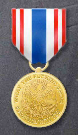 The meme is a picture of a medal with a red, white, and blue ribbon. The medal has a gold center with a eagle and a banner that says "E Pluribus Unum" (Latin for "Out of Many, One"), but the text is scratched out and replaced with "E Pluribus Unum: Shut Up, I'm Doing the Patriotic Thing Now".