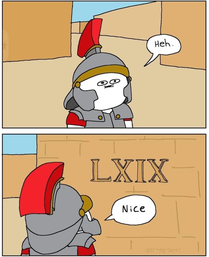 This meme is a play on the ancient Roman greeting "Salve!" which was used to greet someone in a formal or official setting. The meme features a Roman soldier saying "Salve!" but responding to a greeting with "Nice" and a Roman soldier saying "Salve!" but responding with "LXIX" (which is a Roman numeral for 69).