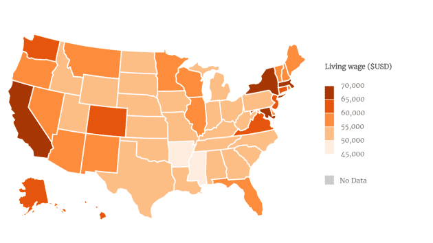 Okay, let's analyze the map depicting the cost of a living wage in the United States through several theoretical lenses. ## Visual Description The image is a map of the United States shaded to represent the amount of...